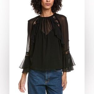 Ba&sh Mena Top Size Medium Black Sheer Ruffle Blouse